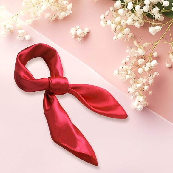 Women's Red Silk Feeling Scarf 23.6'' Square Satin Scarf Neck Head Bandana - Picture 6 of 7